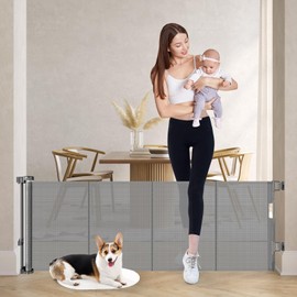 24 Inch Tall Retractable Baby Gates, Short Dog Gates to Step Over, Expands 0-55 Inches Wide, Reinforced Mesh Pet Gate with Support Rods, Small Puppy Gates for The House, Gray