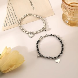 TREENEST 2PCS Amor Pulsera de Cuero, Pulsera de La Pareja Pulsera de Enlace, Negro Blanco Relación Pulsera, Pulseras a Juego para Novia Novio 50082