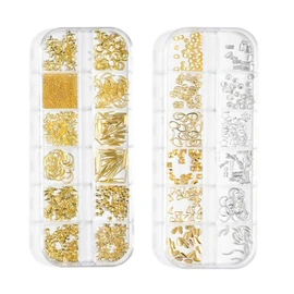 YFFSFDC Nail Parts Set of 3 Metal Parts, Nail Design, Accessories, Decorative Parts, Square, Triangle, Round, Pearl, Flake Parts, Nail Art, Nail Studs, Nail Decoration, Gold Nail Parts Set (B)