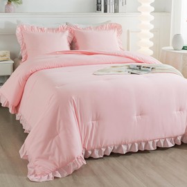 Andency Pink Comforter Set Full, 3 Pieces Lightweight Soft Rustic Pink Ruffle Comforter Women Girls, Solid Farmhouse Shabby Chic Microfiber Bedding Comforter Set