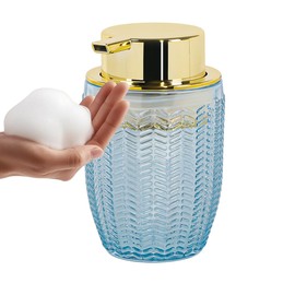 Tonxus Blue Foaming Soap Dispenser, Glass Foam Hand Soap Dispenser with Gold Pump, 10 Oz Bathroom Refillable Liquid Lotion Pump Ribbed Bottle Container for Kitchen Countertop Decor