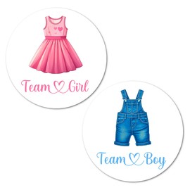 40 Wardrobe Gender Reveal Stickers, Dress Overall Team Girl Team Boy, 2 Inch Big Round Glossy Labels, Clothes Pink and Blue Decals, Baby Shower Party Favors, Tags, Games and Supplies. Made in USA