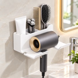 Wall-Mounted Hair Dryer Holder for Bathroom Organization – No-Drill Plastic Storage Rack with Compartments for Styling Accessories
