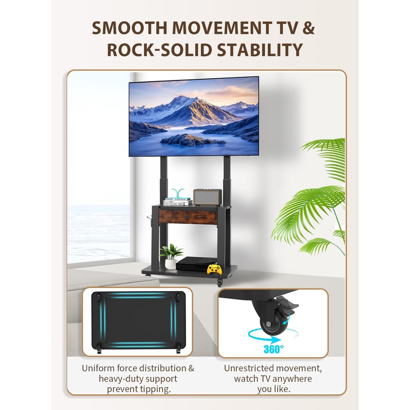 Rolling TV Stand with Fabric Drawer for 32-75 Inch Flat/Curved