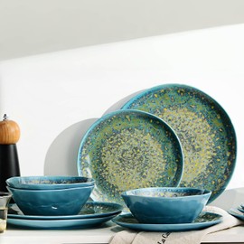 FINE&NICE Melamine Dinnerware Set of 12Pcs, Dish Set for 4, Lightweight Unbreakable Plates and Bowls Set, Great for RVs Camping, Dishwasher Safe,Rusty Blue