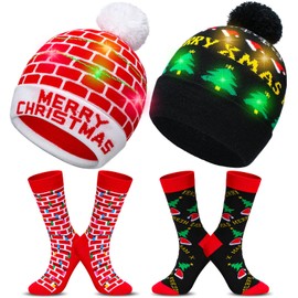 4 Pcs LED Christmas Knitted Hats Warm Christmas Socks Include 2 Light Up Christmas Beanie Flashing Hats and 2 Pairs Xmas Crew Socks (Christmas Tree)
