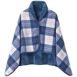 WINKEEY Women Multiway Plaid Poncho Shawl Wrap Fleeced Wearable Blanket Ultra Soft Sherpa Flannel Cape, Blue