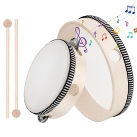 Set of 2 Wooden Hand Drums 6 Inch and 8 Inch Children's Tambourine Set, Handheld Tambourine Drum with 2 Beaters for Children Party School and Early Educational