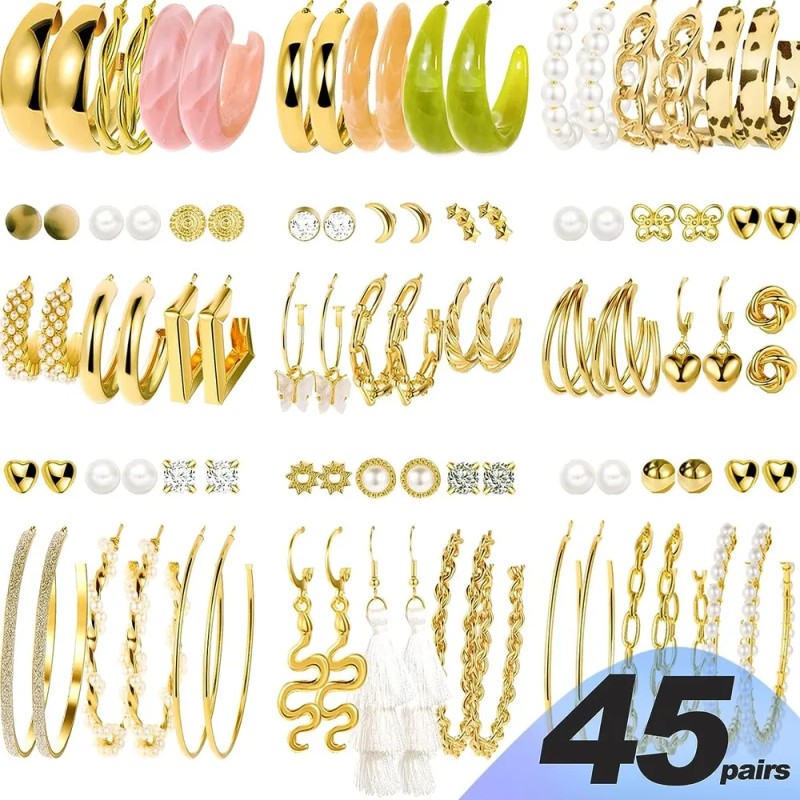 45 Pares Aretes Mujer Oro Pendientes Joyeria Largo Broquel