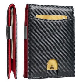 AZZS Slim Bifold Wallet for man with Money Clip - RFID Blocking, Multiple Credit Card Pockets - Sleek and Versatile Design - Genuine Leather - Ideal for Cash and Cards (Carbon Fiber Black - Red)
