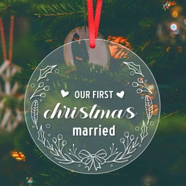 Our First Christmas Married Ornament 2024, 1st Engagement Gifts for Couples Crystal Wedding Shower Xmas Gifts Clear Hanging Decoration for Mr and Mrs Newlyweds (Style 2)
