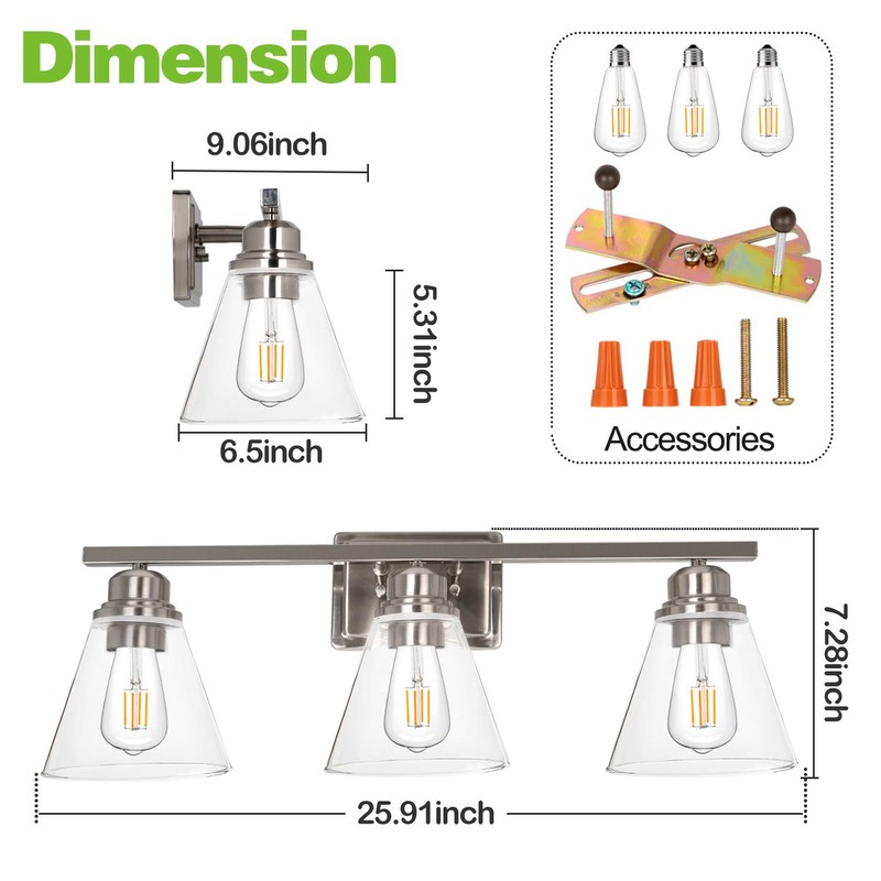 hykolity 3-Light Vanity Light Fixture, 5-Piece All-in-One Bathroom Set (E26