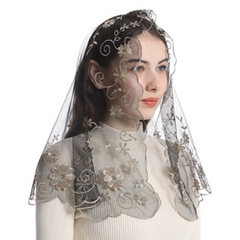 Bozidol Catholic Church Mass Veil Spanish Chapel Lace Mantilla Veil First Communion Head Covering for Girls (Black-Gold)