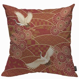 Mugod Asian Oriental Two Cranes Cushion Cover Throw Pillow Covers Chrysanthemums Japan Wave Floral Pattern Pillow Case for Men Women Decorative Home Sofa Chair Couch 45x45cm/18x18 Inch