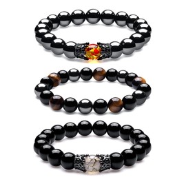MOPOVO Bracelets For Men 7in Natural Stone Beads Bracelet Tiger Eye, Black Agate, Lava Rock Beaded Bracelet, Evil Eye Protection & Stylish Bracelet for Men Women's Jewelry Gifts