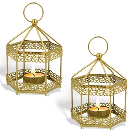 2 lámparas colgantes de metal clásico para velas – portavelas retro para bodas, fiestas, decoración del hogar, dorado