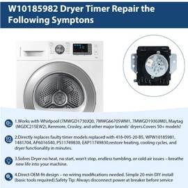 W10185982 Dryer Timer for Whirlpool,Maytag,KitchenAid,Jenn-Air,Amana,Magic Chef, Admiral,Replace for WPW10185982,AP6016541,1546812,PS11749831,WPW10185982VP,230V,60Hz, OEM Quality,2-Year Warranty