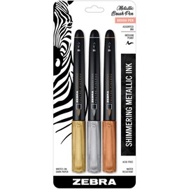 Zebra Pen Metallic Brush Pen, Medium Point, Pigment Ink, Assorted Colors, Zebra Metal.Brush ST 3/PKG, 3 Count (Pack of 1)