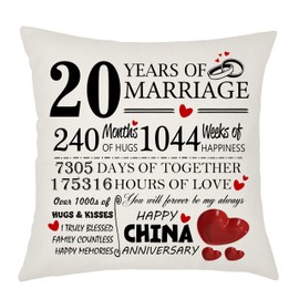 20th Wedding Anniversary China Anniversary Cushion Cover - Gift for Wife or Husband - 20 Years of Marriage Keepsake Present - Elegant 45x45cm Pillow Case (20 Years of Marriage)