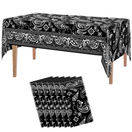 Oudain 6 Pcs Bandana Party Tablecloths,54 x 108 Inch Plastic Western Party Tablecloth, Bandana Paisley Table Cover, Rodeo Table Cloth for Western Mexican Favor Supplies (Black)