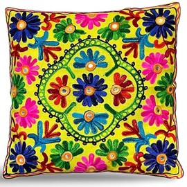 Original Kikan Suzani Multi Colour Floral Embroidery 16"x16" 40 x 40 cm Indian Ethnic Cushion Cover Takiya Sofa pillow Zipper Back (YELLOW)
