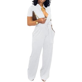 Yiershu Women's Elegant Jumpsuits Casual Short Sleeve Straight Long Pants Rompers Stretchy with Waistband(White,M)