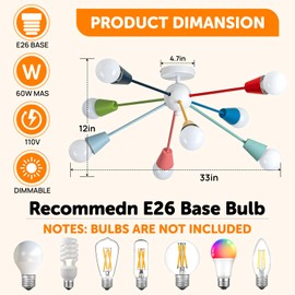 Aleslsop Colorful Chandelier, Modern Sputnik Chandelier, 8-Light Kids Light Fixture with Multi Color Rainbow Fun Lights for Kids Room Living/Dining Room Kitchen Hallway(E26)