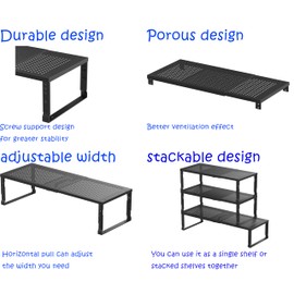 Expandable Adjustable Stackable Multi-Purpose Spice Racks，Metal Storage Rack, Sturdy and Practical Kitchen Shelves, Countertop for Kitchen, Bathroom, Storage Room and Other Places(1Pack/Black,Medium)