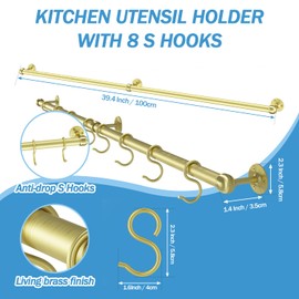 ROTHLEY Stainless Steel Pot and Pan Hanger - 39.4 Inch Wall Mounted Hanging Pots and Pans Rack for Kitchen Wall Rail with Hooks (Brass)