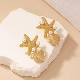 Gold Shell Starfish Earrings for Women 14k Gold Starfish Stud Earrings Seashell Pearl Earrings Summer Beach Party Jewelry Gift for Women (Gold)