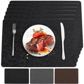 Bxzandya Vinyl Placemats,6 PCS of 100% Waterproof Oilproof Easy to Clean Non-Slip Place Mats for Dining Table. Stain Resistant Washable Wipe Faux Leather Table Mats （Black，6PCS）