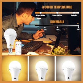 Scheinenda USB Rechargeable Light Bulbs with Remote and Timer, 3 Color Temperatures Dimmable Battery Operated Light Bulb, A21 2000mAh Battery Powered LED Bulb for Power Outage Camping, 6 Pack