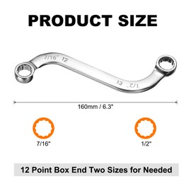 sourcing map 7/16" x 1/2" 12-Point S-Style Box Wrench Double End S-Shaped Wrench Chrome Plated Alloy Steel S Box Wrenches for Home Auto Bike Repair Machine Maintenance, Silver