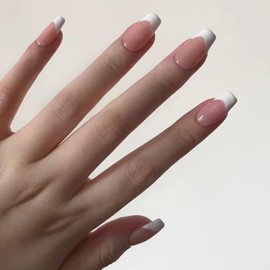 Pure Handmade Press On nails 10pcs Press on Nail Reusable Fake Nails Square Stick on Nails French Tip False Nails For Girl Women Daily Party (Q124, M)