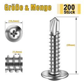 Pack of 200 Self Tapping Screws 4.2 x 25 mm Stainless Steel Flat Head with Disc and Phillips Screwdriver Bit