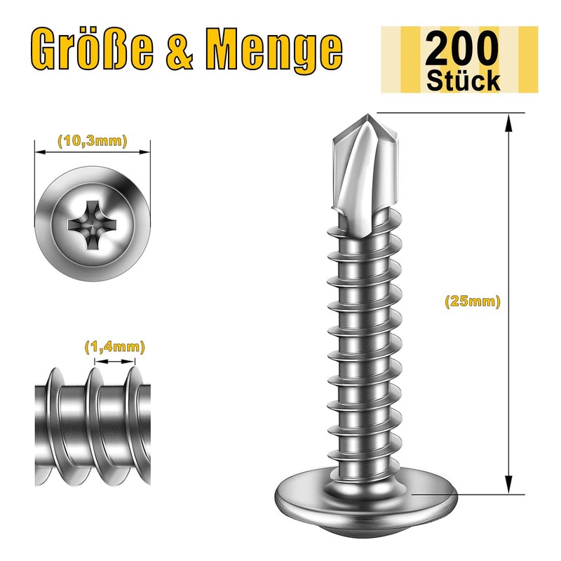 Pack of 200 Self Tapping Screws 4.2 x 25 mm