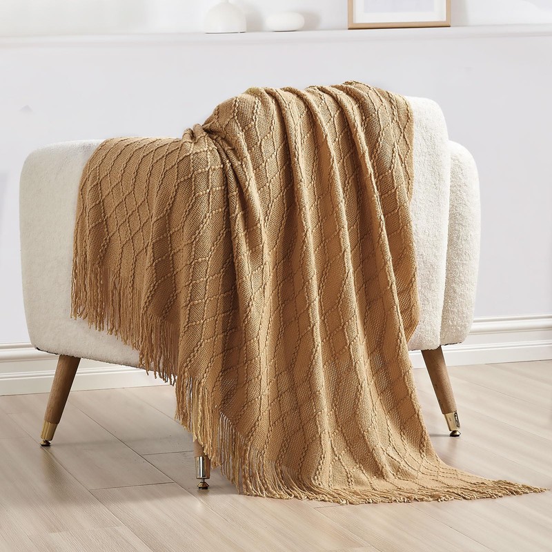 KASYLAN 100% Acrylic Knitted Throw Blanket Textured Solid Soft Decorative