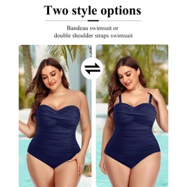 Holipick - Traje de baño de una pieza con control de abdomen, sin tirantes, para adelgazar, fruncido, parte delantera, traje de baño, Azul marino, 14 Plus