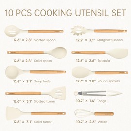 CAROTE Silicone Cooking Utensils Set, Kitchen Utensils Set 10 Pcs for cooking, BPA Free Spatula Set with Heat Resistant Wood Handles for Nonstick Cookware (Cream White)
