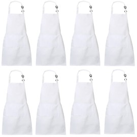 XIEJINJIA 8 Pack Kids Apron with Pockets Adjustable Chef Artists Child Cooking Baking Painting for Boys and Girls White