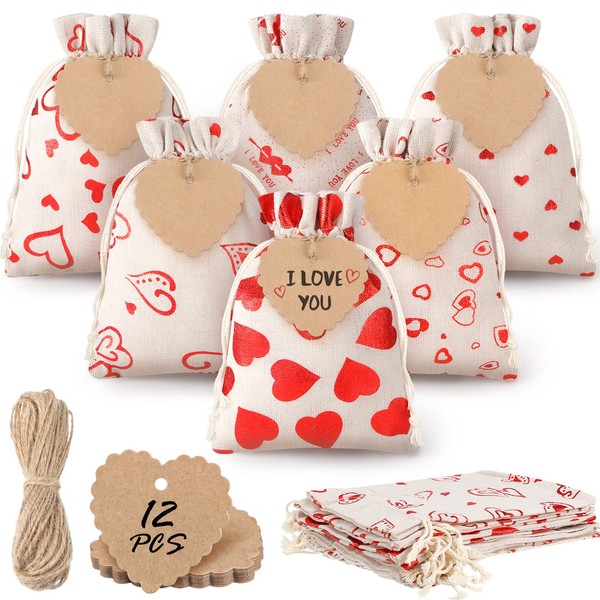 Valentine's Day Burlap Bags, Heart Burlap Drawstring Bags, 5 x7 Inch Heart Canvas Muslin Bags with Kraft Paper Tags, Candy Burlap Drawstring Bags for Valentines DIY Craft Wedding Party Favor (12 Pack)