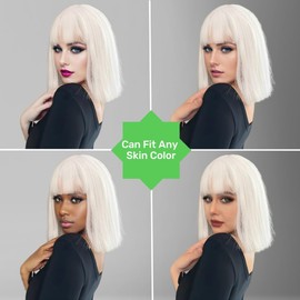 Ready to Go Platinum Blonde Bob with Bangs Human Hair Glueless Wigs 10 Inch Straight #60 Silver Grey Wig with Bangs Realistic HD Lace Blunt Cut White Bob Wig Bleached Knots 150% Density Middle Parting