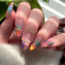 TBRZTR Press on Nails Medium Flower False Nails Almond Nails Artificial Acrylic Nails Floral Design Summer Charm Stick on Nails 24Pcs Full Cover Glossy Reusable Coffin Nails Glue on Nails for Women