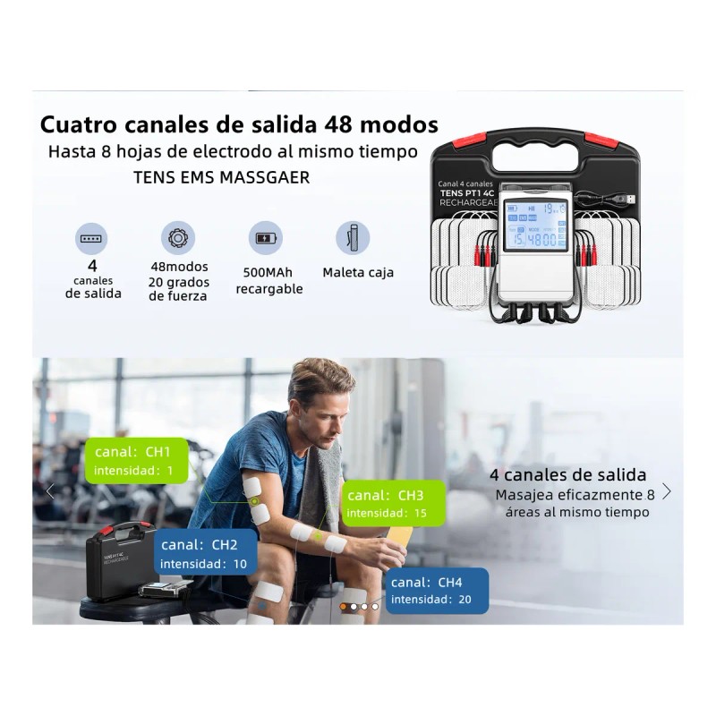 Tens/ems Electroestimulador Muscular 4 Canales 48 Modos 8pad