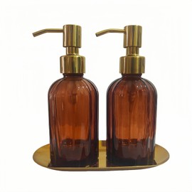 2PCS Soap Dispenser Set with Stainless Steel Tray, Thickened High-Gloss Brown Glass Bottle and Gold Stainless Steel Pump for Bathroom Kitchenblue soap Dispenser and Gift.