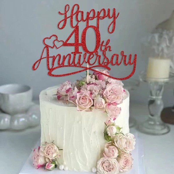 Sleyberoy - Decoración para tartas de 40 aniversario, decoración de fiesta de 40 aniversario de boda, 40 aniversario de boda, fiesta de 40 aniversario de empresa, decoraciones de fiesta de 40 cumpleaños (rojo)