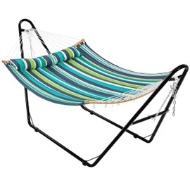 Yaheetech Hammock with Stand Set, Padded Hammock with Frame & Removable Pillow for 2-3 People Outdoor, Porch, Patio, Deck and Backyard, Max.Weight Capacity 475LB - Green Stripe