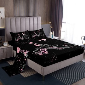 Eiffel Tower Fitted Sheet Chic Paris Bedding Set Romantic Theme Bed Sheet Set for Boys Girls Kids Teens Black Pink Bedroom Decor Modern French Style Bed Cover Bedding Sheet King Size 4Pcs