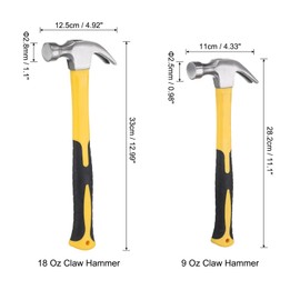 uxcell 2 Pcs Claw Hammer Set (9 Oz, 18 Oz) Forged Steel Straight Rip Claw Nail Hammer with Fiberglass Handle Framing Hammer for Repairing Woodworking DIY (Yellow)
