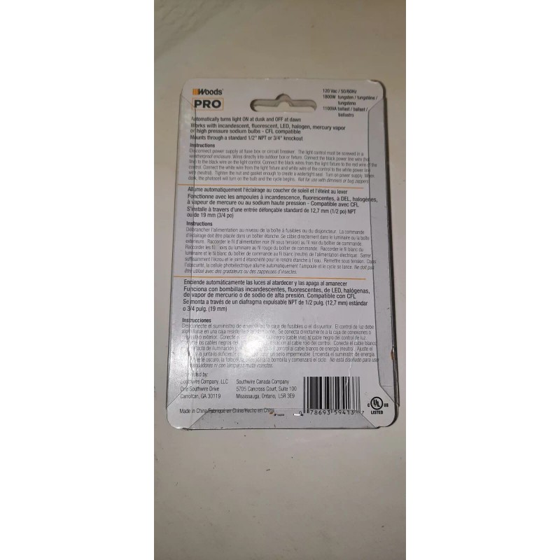 WOODS PRO R18C-B 59413 120 VAC Photoelectric Control Light Sensor